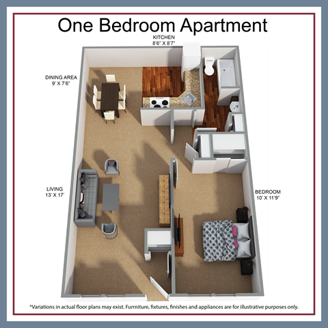 Floor plan for 1 bed, 1 bath, 600 sqft